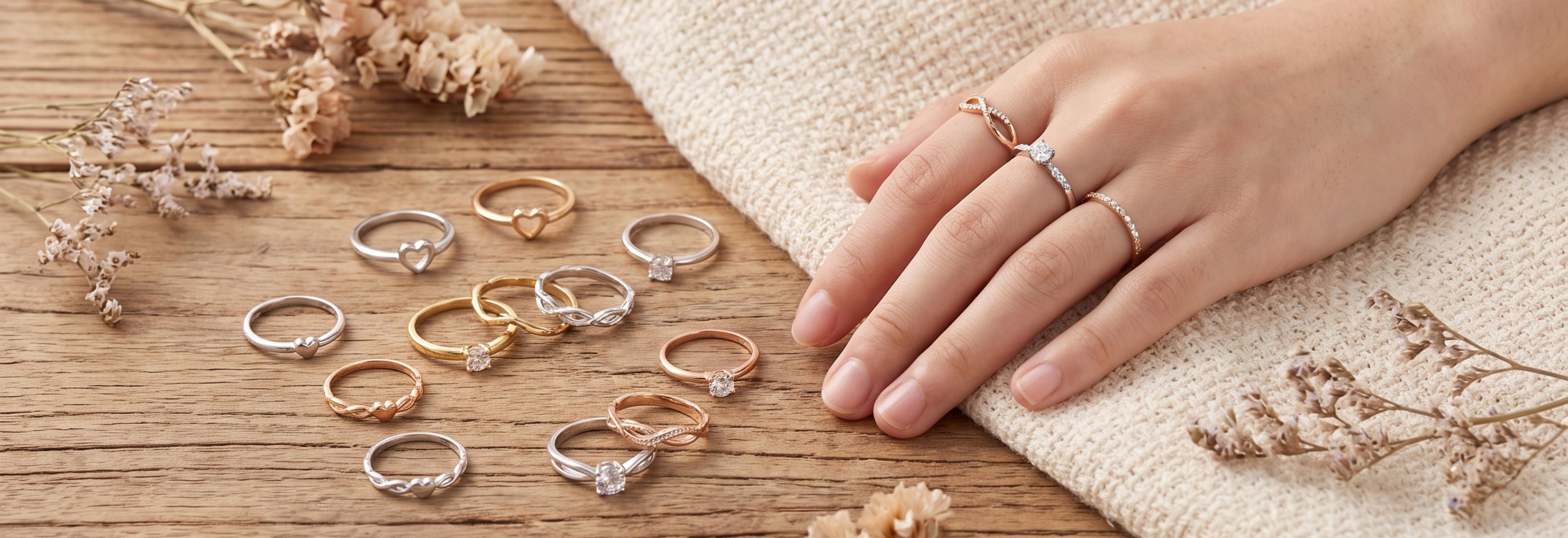 Woman wearing promise rings on her hand beside a collection of gold, rose gold, and silver promise ring styles