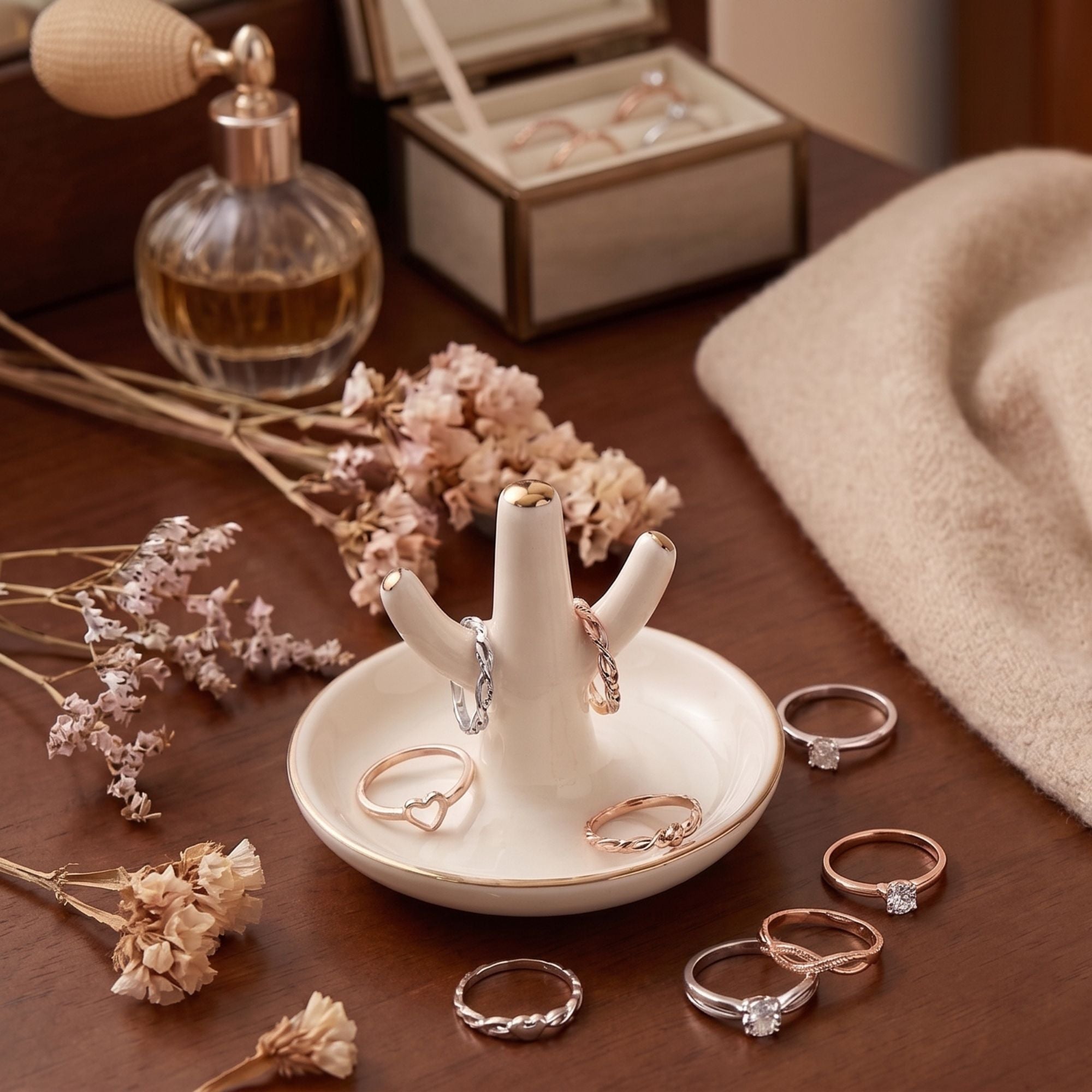 Assorted promise rings in rose gold and silver displayed on a ceramic ring dish with vanity decor